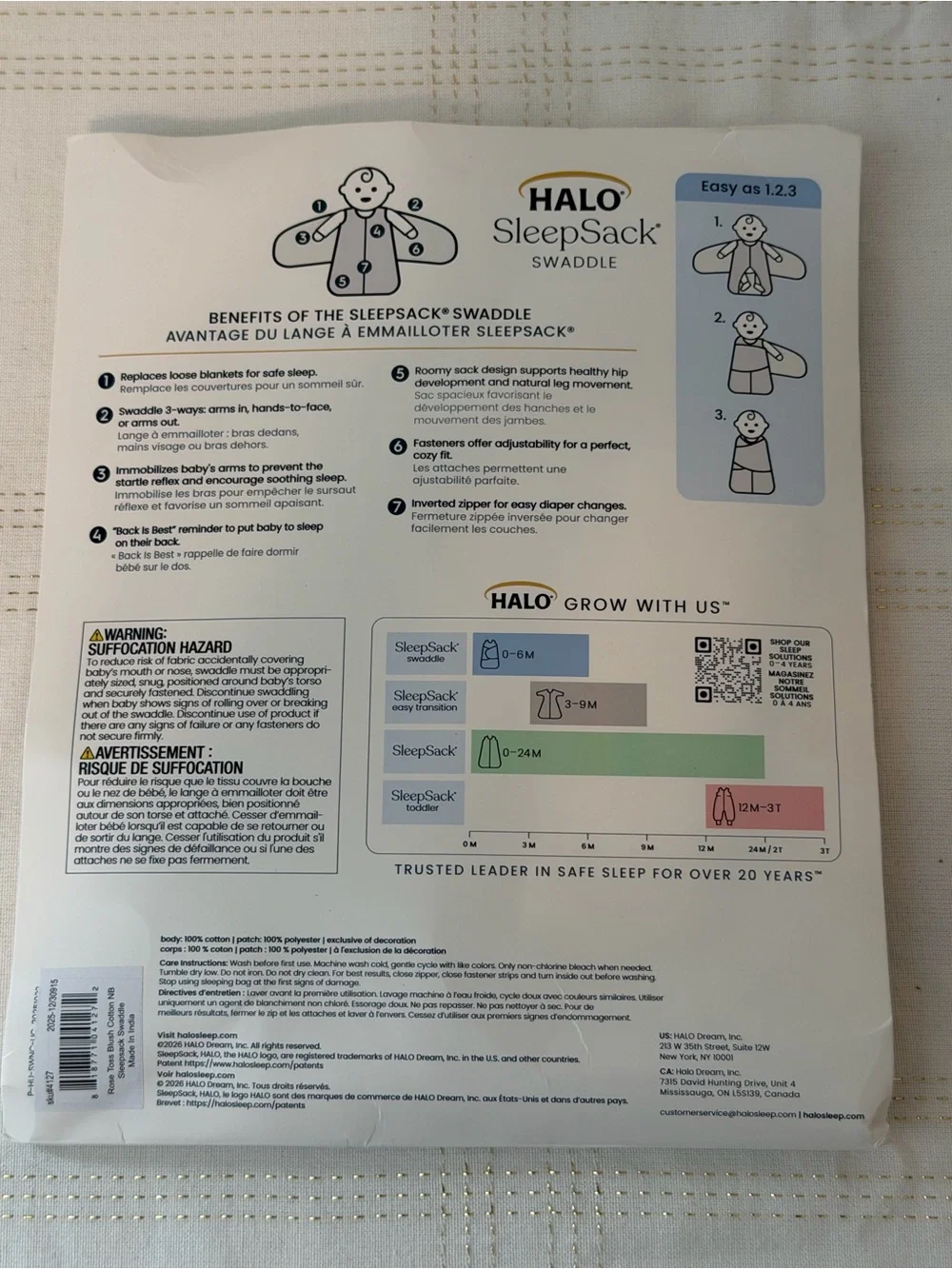 Halo Sleep Sack Swaddle 100% Cotton, TOG 1.5, Rose Toss Blush, Newborn